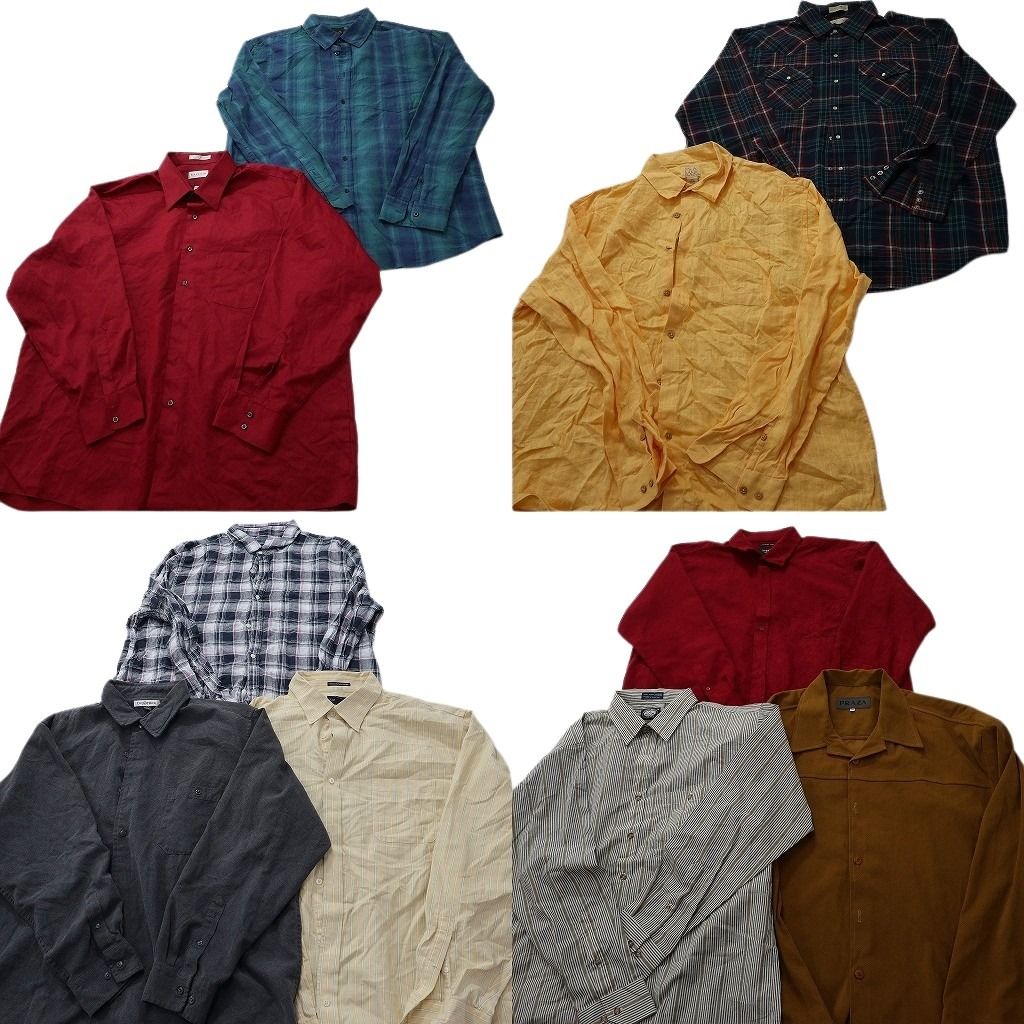 古着卸 まとめ売り 長袖シャツMIX 10枚セット ( メンズ 2XL ) オープンカラー ストライプ ダブルフラップ 中古 古着 NF3655