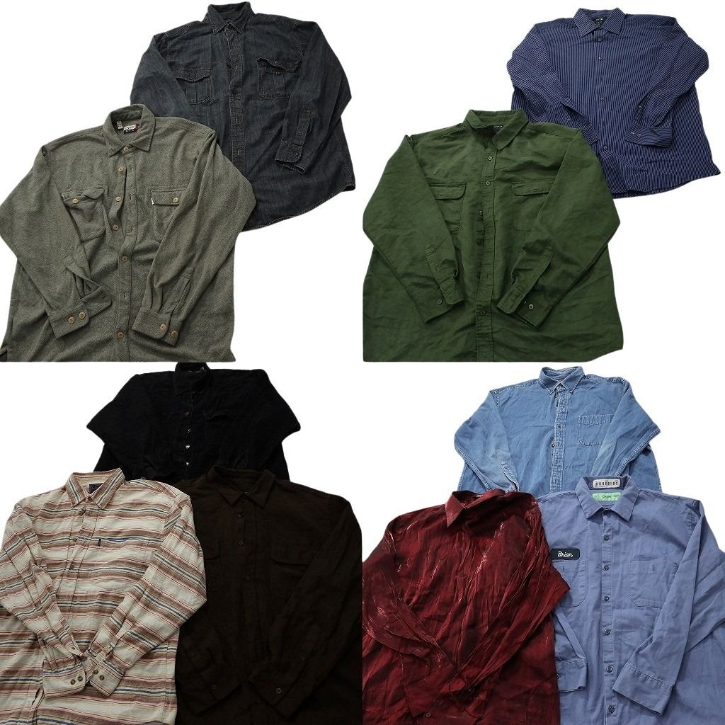 古着卸 まとめ売り 長袖シャツMIX 10枚セット ( メンズ XL ) チェック ストライプ ダブルフラップ 中古 古着 NF3657