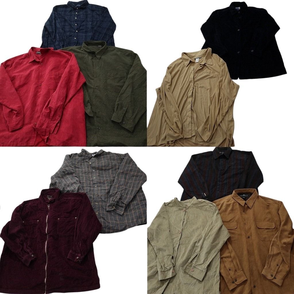 古着卸 まとめ売り 長袖シャツMIX 10枚セット ( メンズ 2XL ) チェック ダブルフラップ ストライプ 中古 古着 NF3665