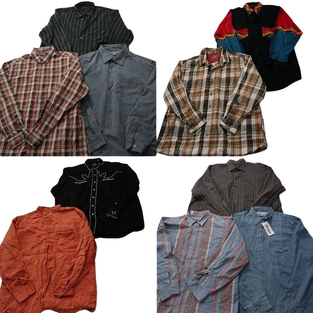 古着卸 まとめ売り 長袖シャツMIX 10枚セット ( メンズ 2XL ) チェック デッドストック ストライプ 中古 古着 NF3676