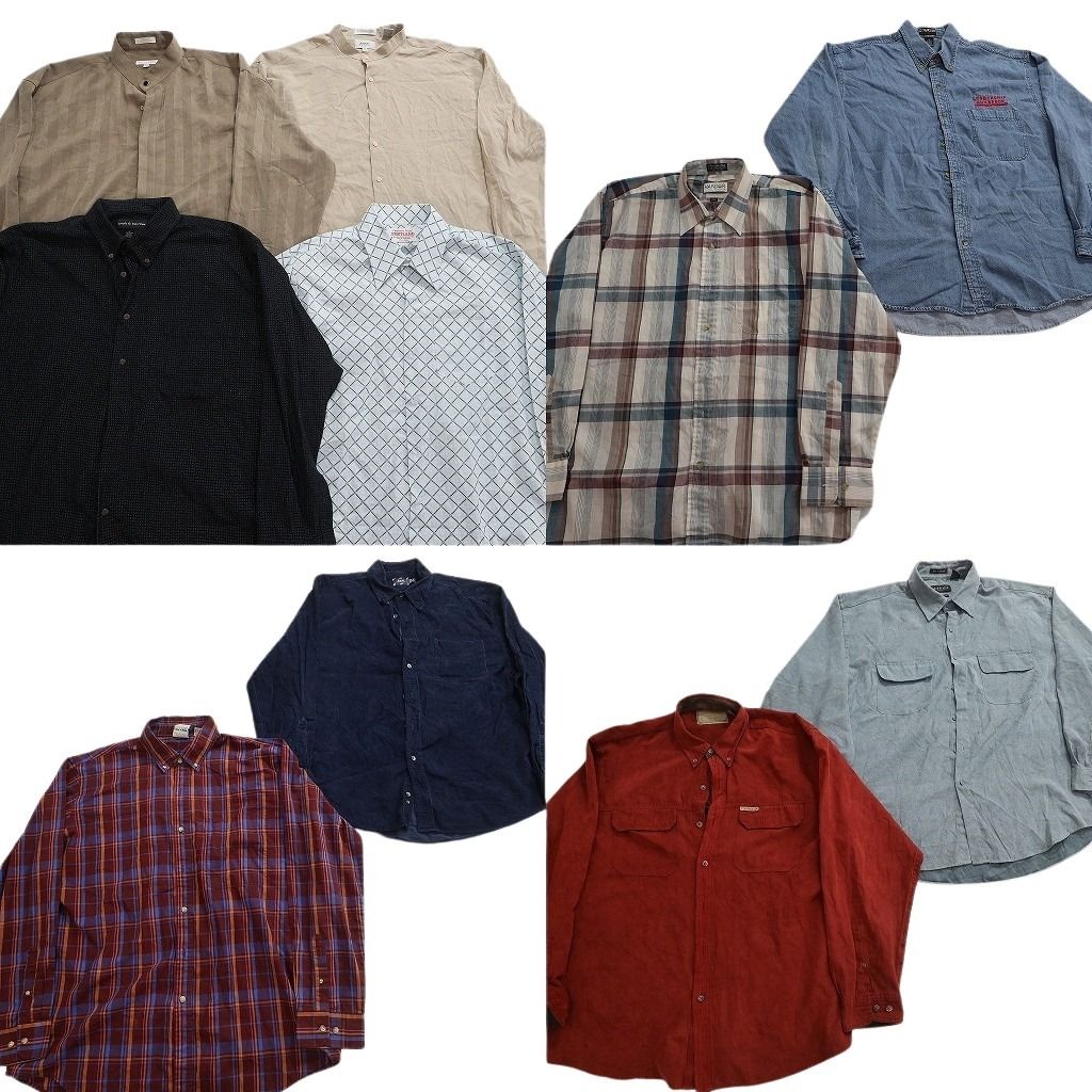 古着卸 まとめ売り 長袖シャツ MIX 10枚セット ( メンズ XL ) ボタンダウン ノーカラー 総柄 中古 古着 NF3694