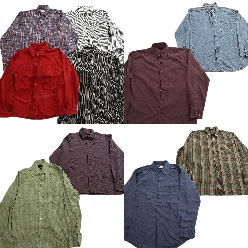 古着卸 まとめ売り 長袖シャツMIX 10枚セット ( メンズ L ) ストライプ チェック ボックスカット 中古 古着 NF3695