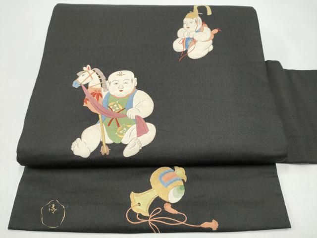 平和屋着物●アンティーク　大正ロマン　九寸名古屋帯　作家物　総刺繍　唐子　黒地　金糸　正絹　逸品　CABI0173hy