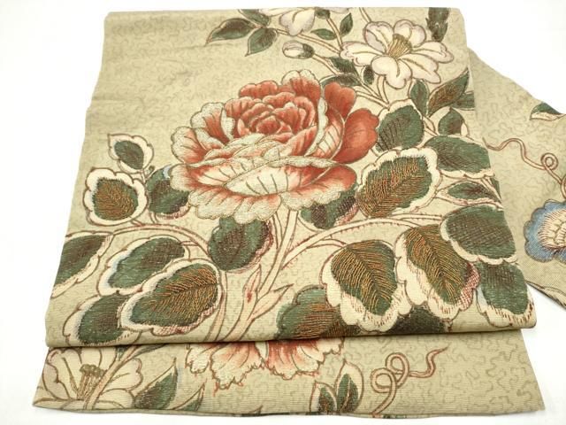 平和屋着物●アンティーク 大正ロマン 九寸名古屋帯 刺繍 枝花文 金糸 正絹 逸品 CABI0262hy