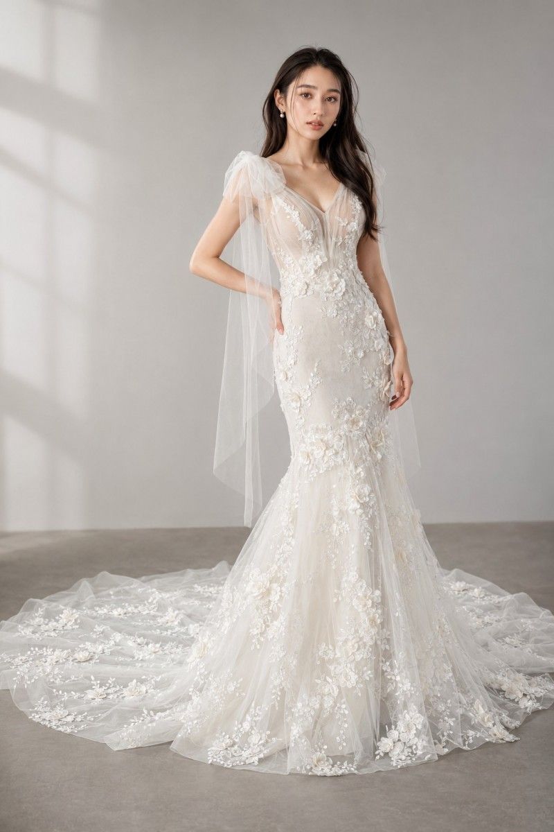 ガリアラハヴ Galia Lahav GALA104 G-104 マーメイドライン ウェディングドレス ホワイト 白 フラワーモチーフ　立体刺繍　リボン　シフォン　オープンバッグ