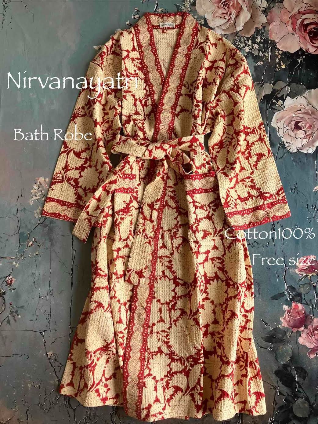 Nirvanayatri ハンドブロックプリント　ワッフルコットン　バスローブ　#8 RED