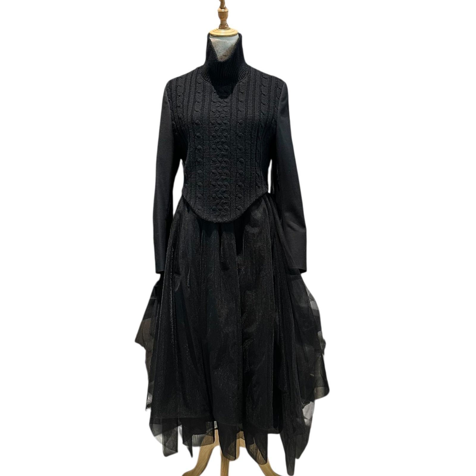 noir kei ninomiya(ノワールケイニノミヤ) 23AW Knit-Panel Tailored Sleeve Tulle Dress ニット切替 テーラード スリーブ チュール ワンピース 3L-O012 S ブラック AD2023