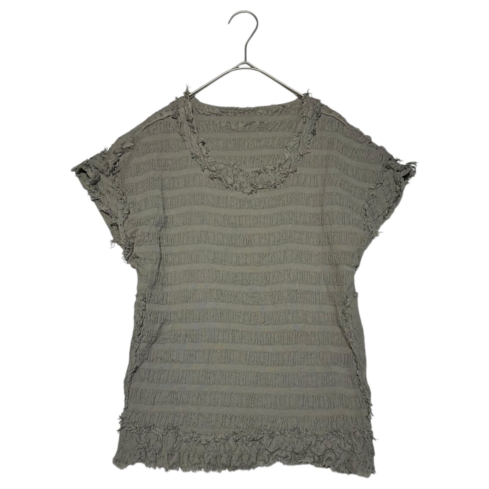 me ISSEY MIYAKE(ミーイッセイミヤケ) pleated border fringe short sleeve cut and sew プリーツ ボーダー フリンジ 半袖 カットソー MI62FK352 FREE グレー