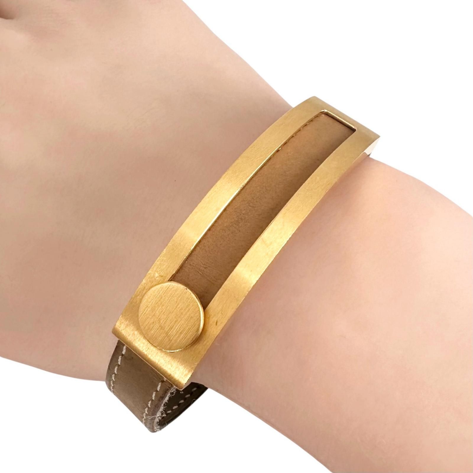 HERMES プスプス レザー、メタル ブラウン ブレスレット ゴールド
