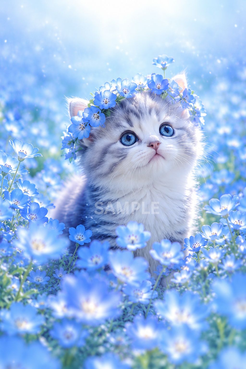 ネモフィラと子猫のヒーリングアート♡縦2Lサイズ／癒しの青い花畑