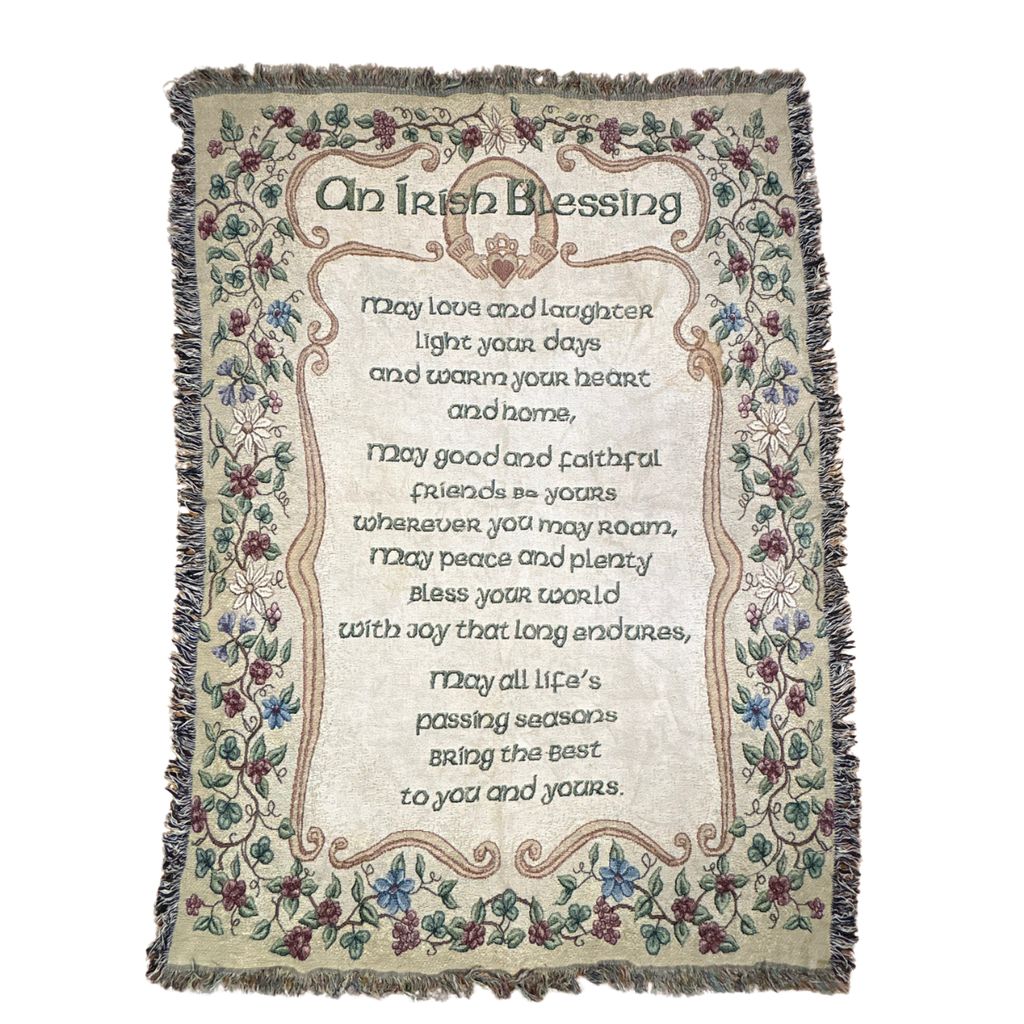 vintageラグ ブランケット マルチカバー タペストリー アイルランドの祝福 メッセージ シャムロック Rug Blanket Message 3243