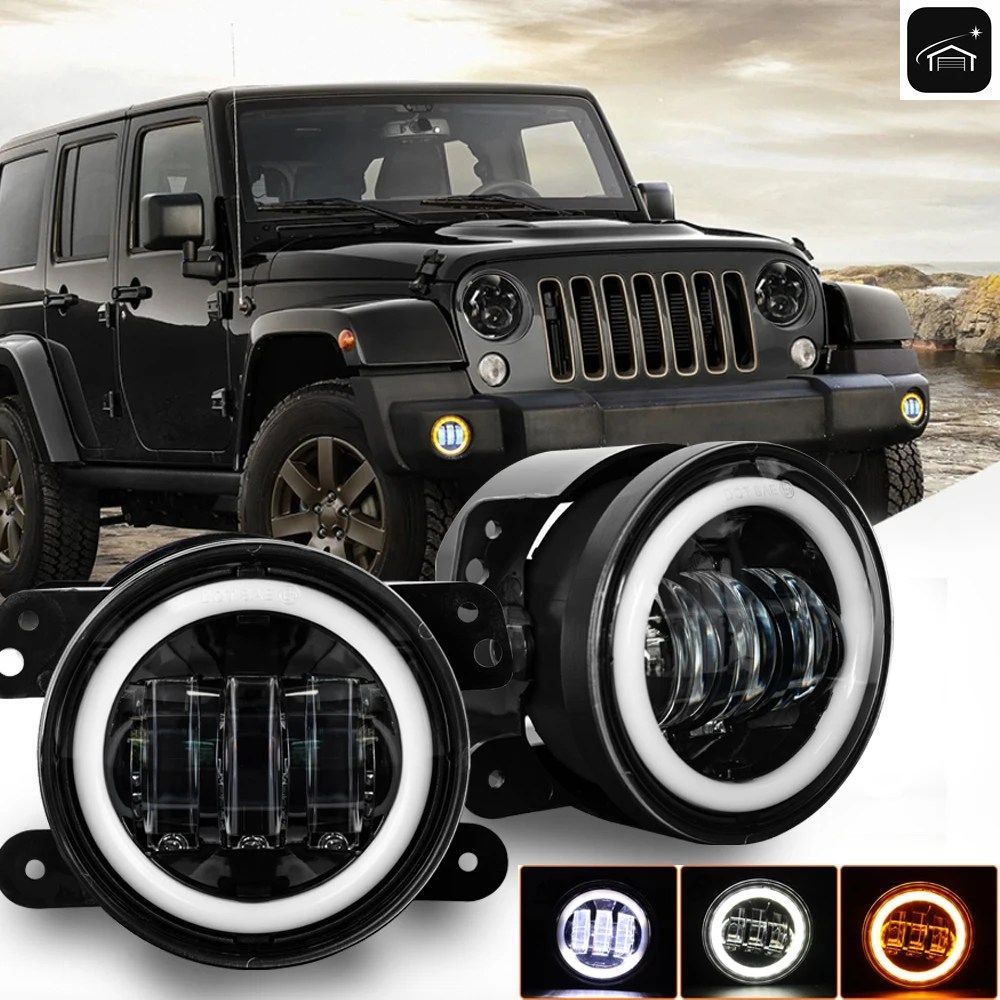 4インチLEDフォグランプ、丸型車用ドライビングライト、ホワイトアンバーハローリングDRL、オフロードフォグランプ、ラングラーJK TJダッジ