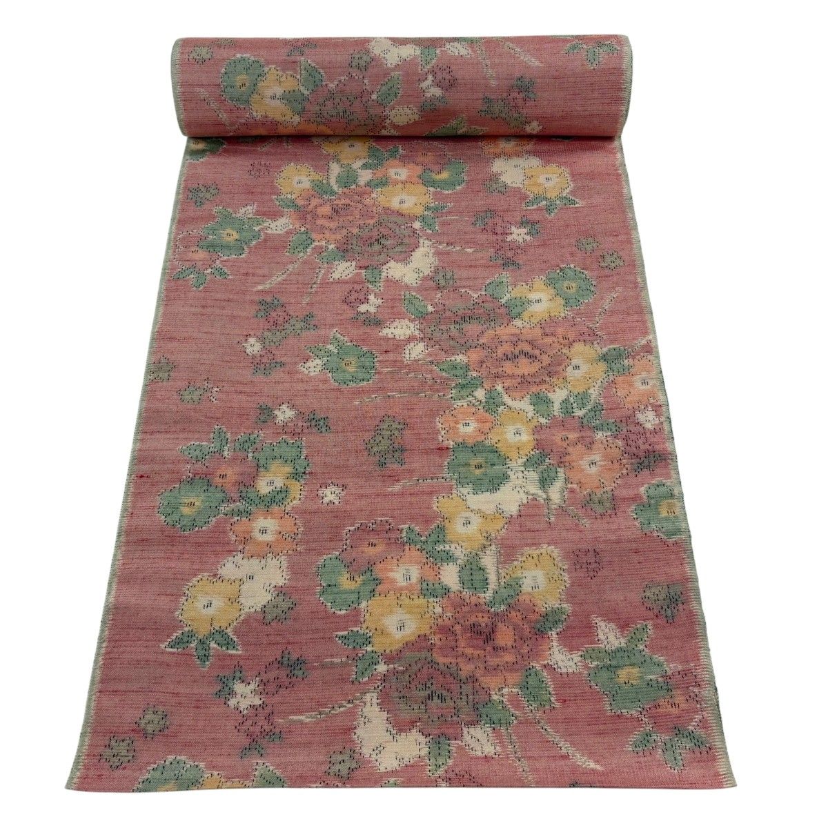 反物 秀品 紬 牡丹 草花 えんじ色 正絹 【中古】