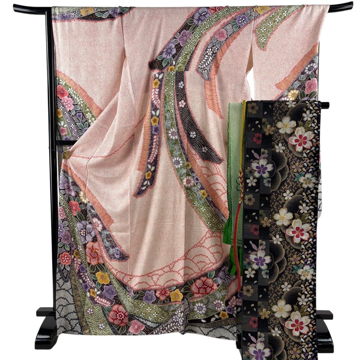 【美品】 振袖 身丈170cm 裄丈68.5cm L 袷 袋帯フルセット 熨斗 椿 総絞り 金彩 ピンク 正絹 名品 【中古】