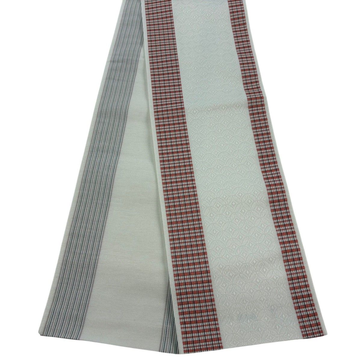 【美品】半幅帯 秀品 証紙 博多織 縞 地紋 白 正絹 【中古】