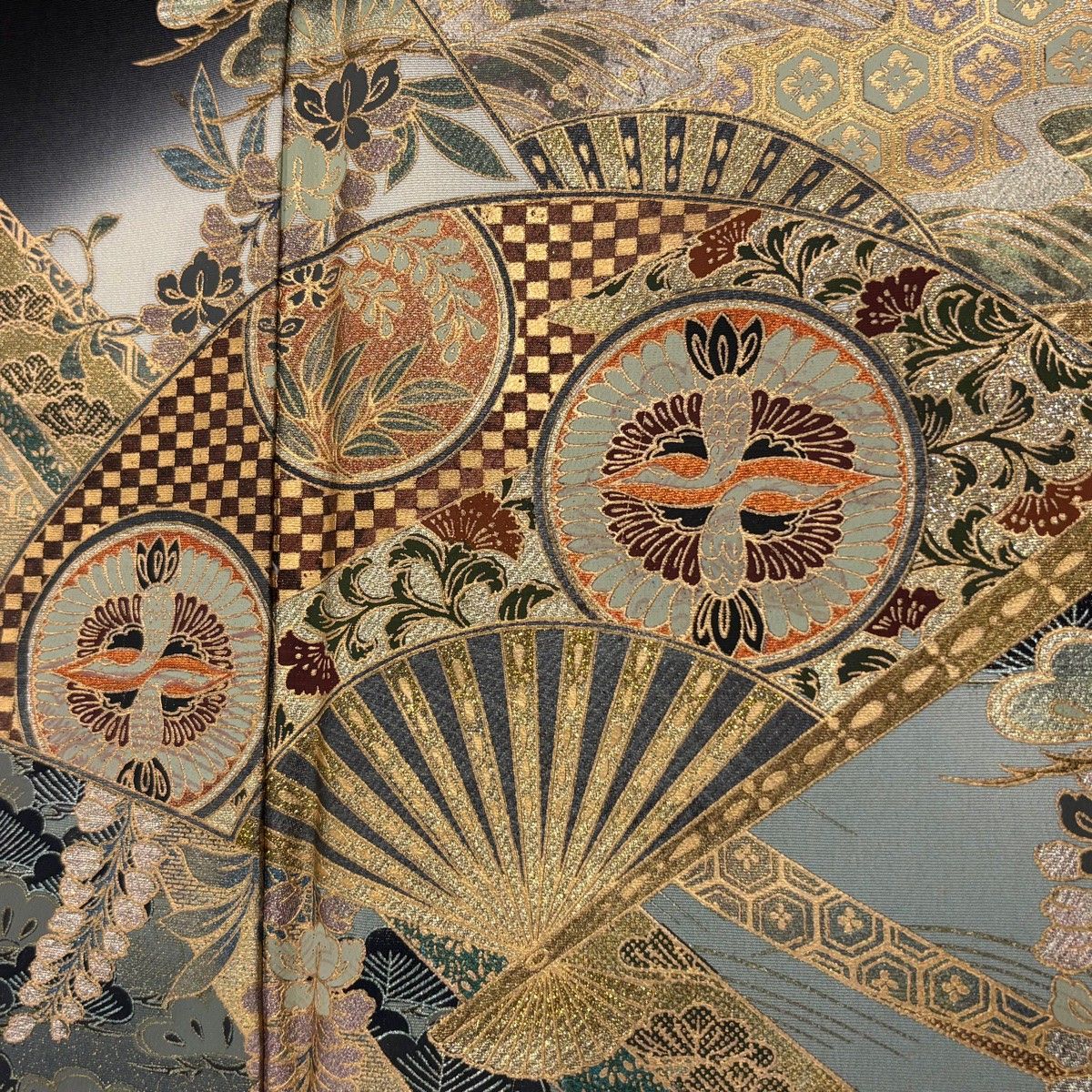黒留袖 身丈168cm 裄丈68cm L 袷 落款 扇 花鳥 金銀彩 ラメ 黒 正絹