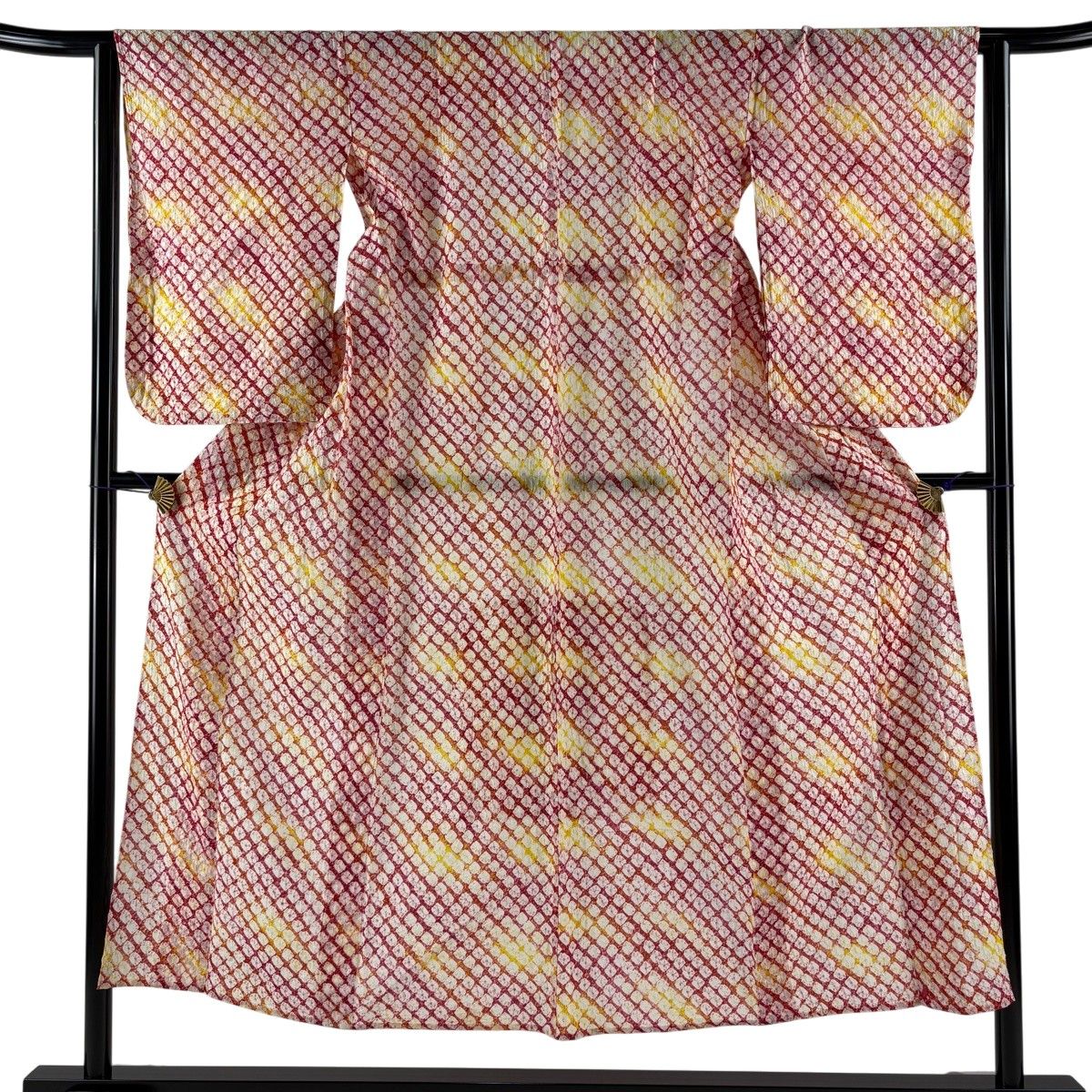【美品】 浴衣 身丈148.5cm 裄丈63cm S 絞り浴衣 幾何学 朱色 綿 名品 【中古】