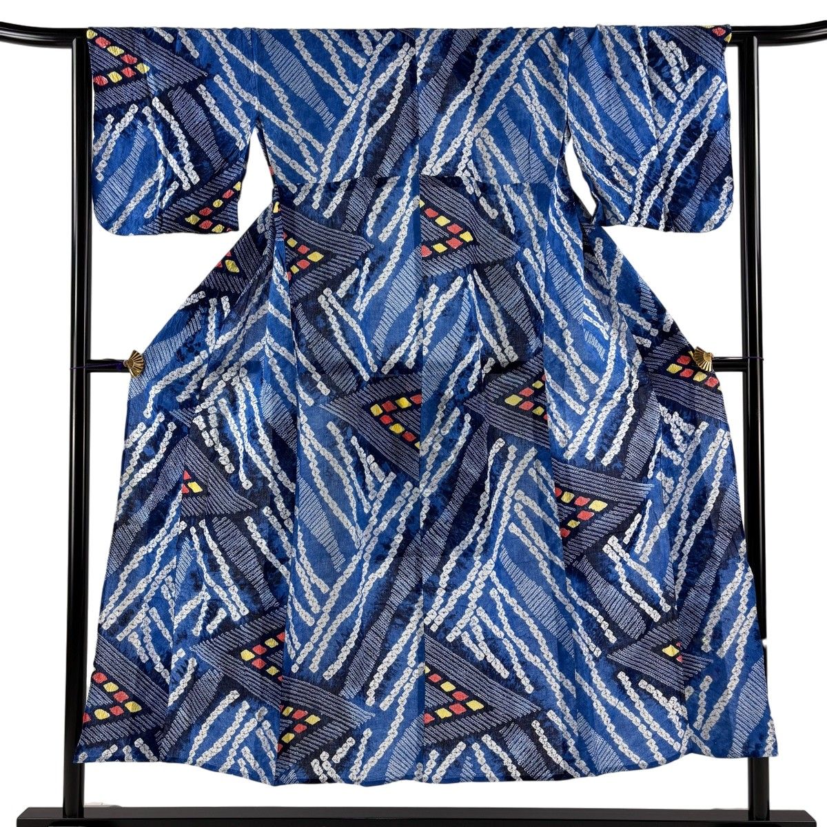 浴衣 身丈147.5cm 裄丈63cm S 絞り浴衣 幾何学 青 綿 名品 【中古】