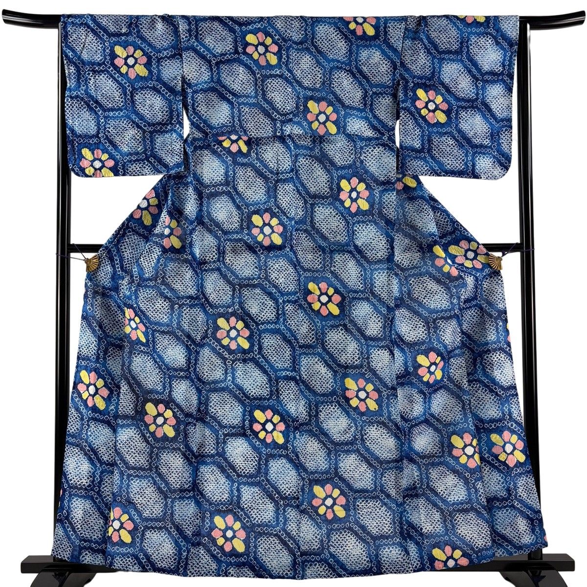浴衣 身丈160cm 裄丈66cm M 絞り浴衣 花 斜め亀甲 青 綿 名品 【中古】