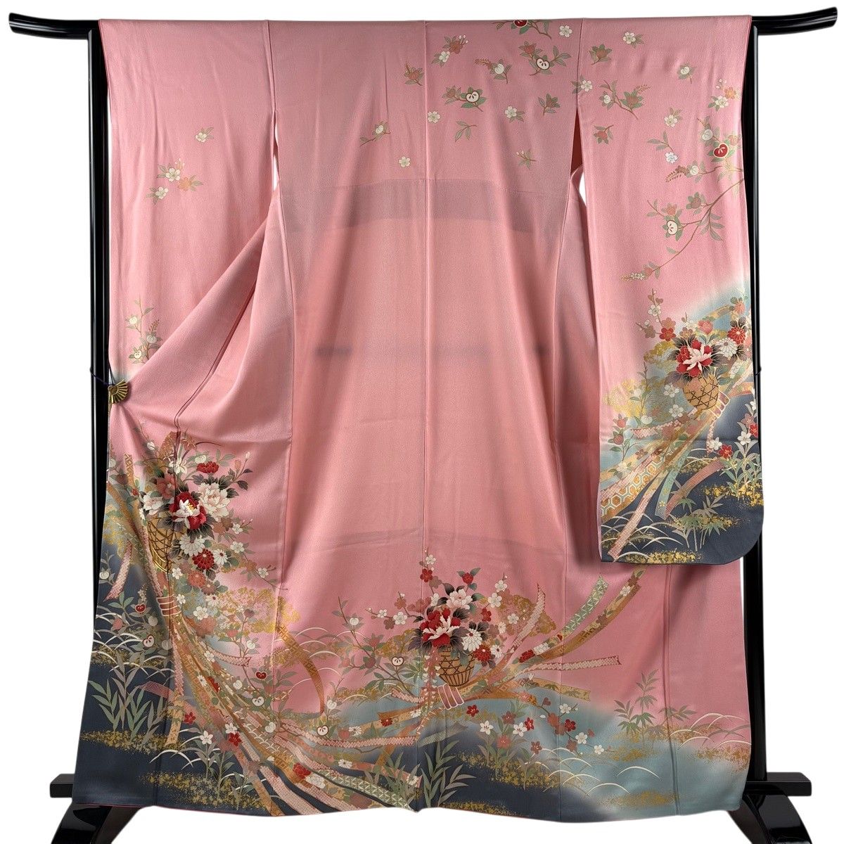 振袖 身丈164cm 裄丈64cm M 袷 花籠 束ね熨斗 刺繍 金彩 ピンク 正絹 名品 【中古】 13,350円