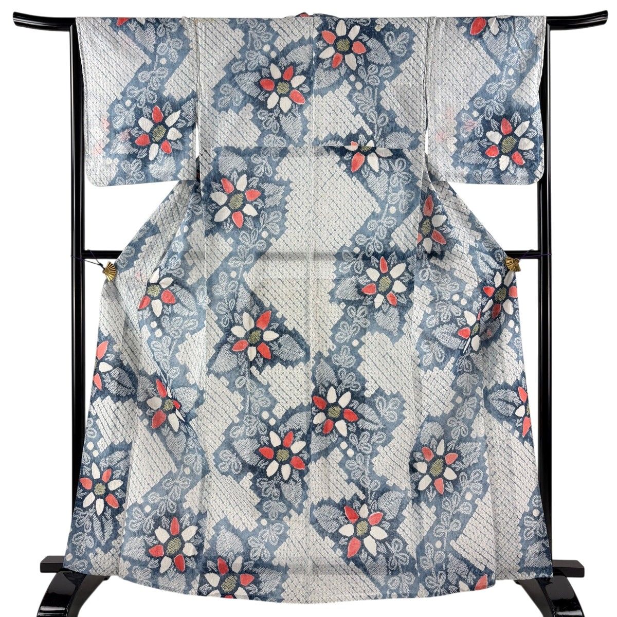 浴衣 身丈165.5cm 裄丈65cm M 絞り浴衣 草花 青灰色 綿 名品 【中古】