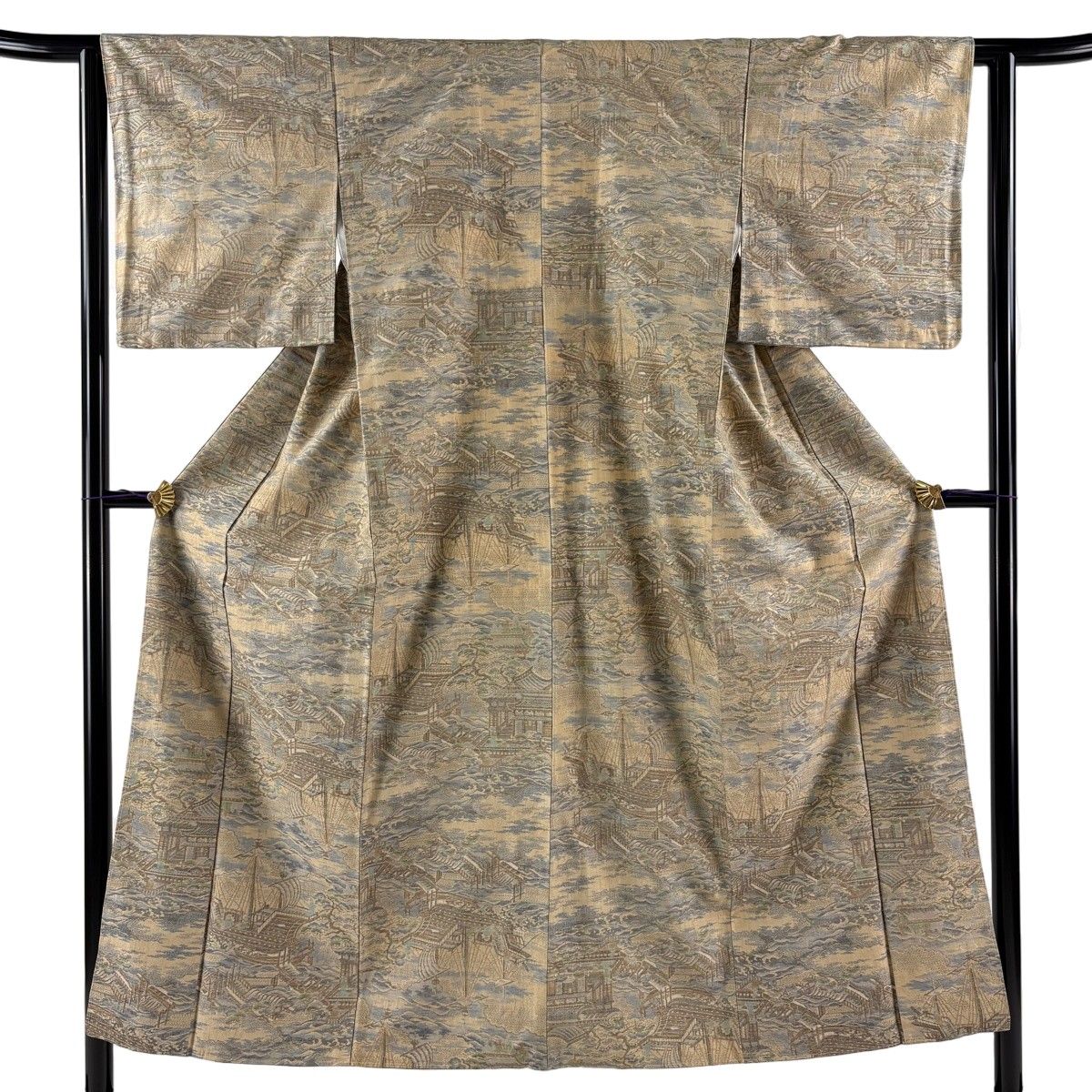 【美品】 紬 身丈152cm 裄丈62cm S 袷 証紙 船 波 ベージュ 正絹 名品 【中古】