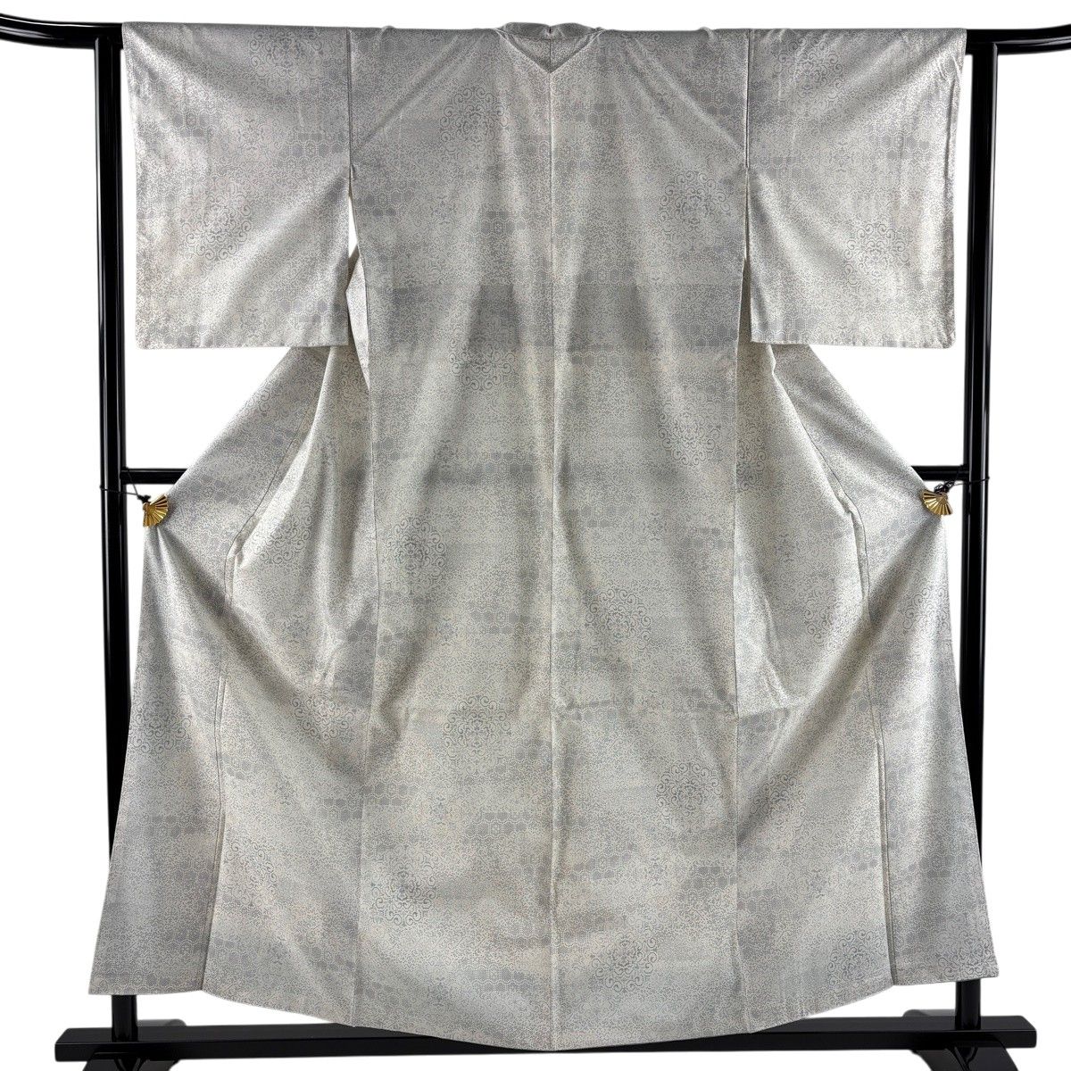 紬 身丈157.5cm 裄丈62.5cm S 袷 華文 幾何学 クリーム 正絹 名品 【中古】