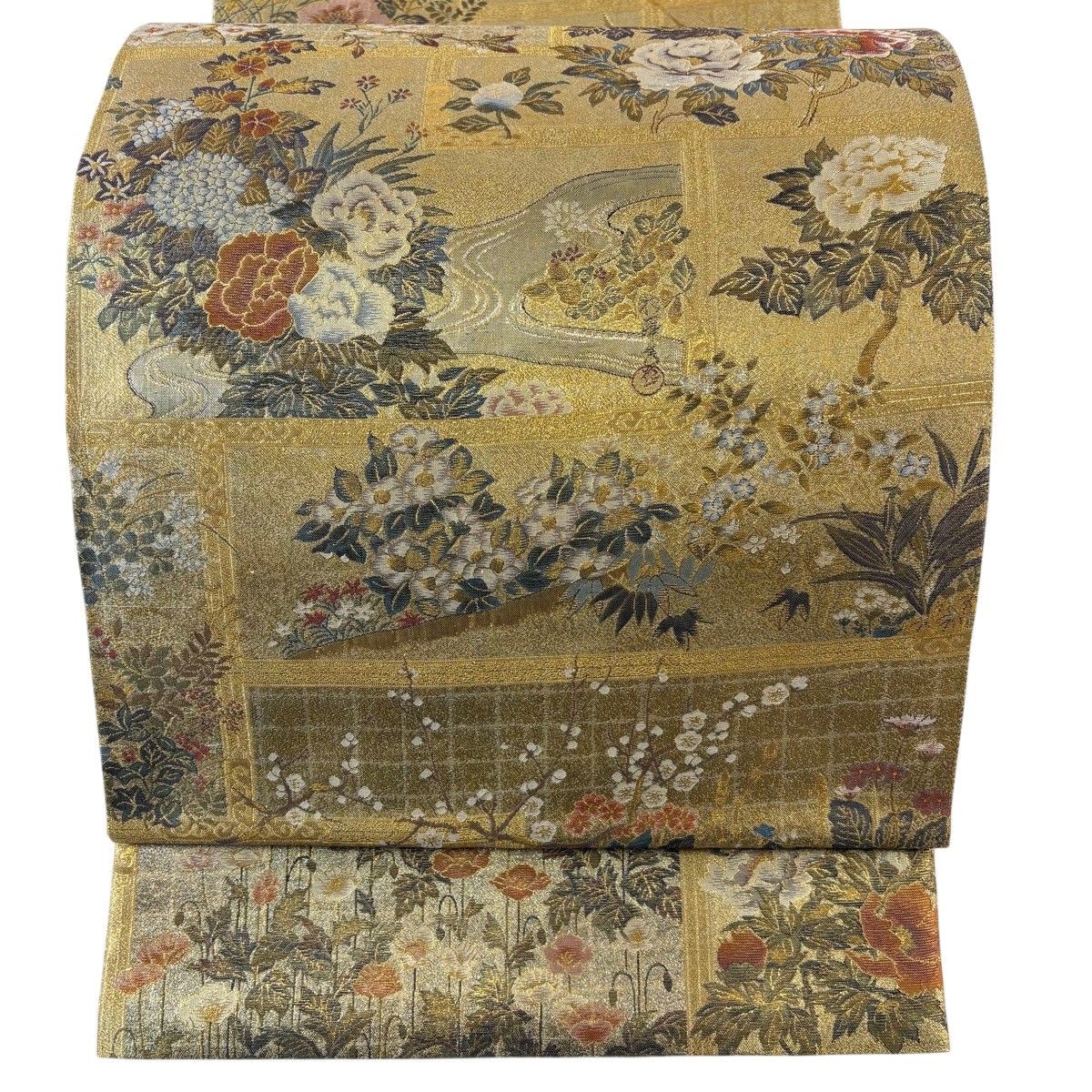 【美品】 丸帯 名品 草花 流水 金糸 箔 金色 お太鼓柄 正絹 【中古】