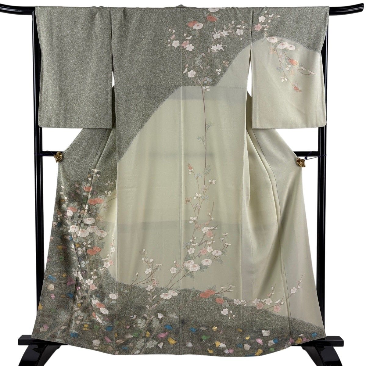 訪問着 身丈161cm 裄丈67.5cm L 袷 菊 桔梗 金銀彩 灰緑 正絹 秀品 