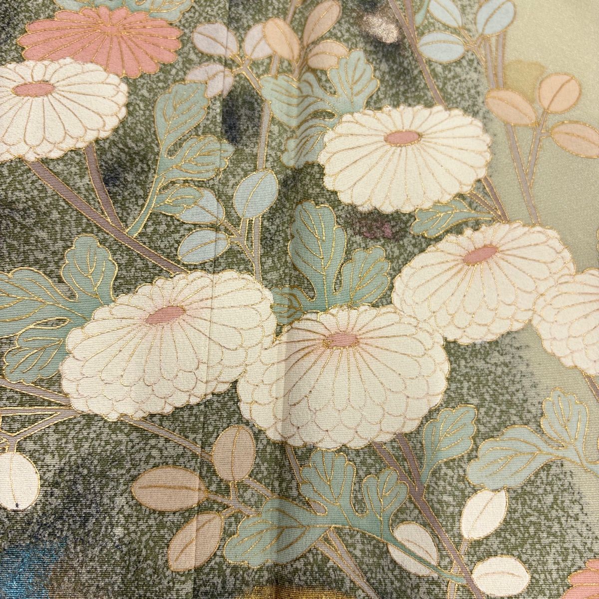 訪問着 身丈161cm 裄丈67.5cm L 袷 菊 桔梗 金銀彩 灰緑 正絹 秀品 