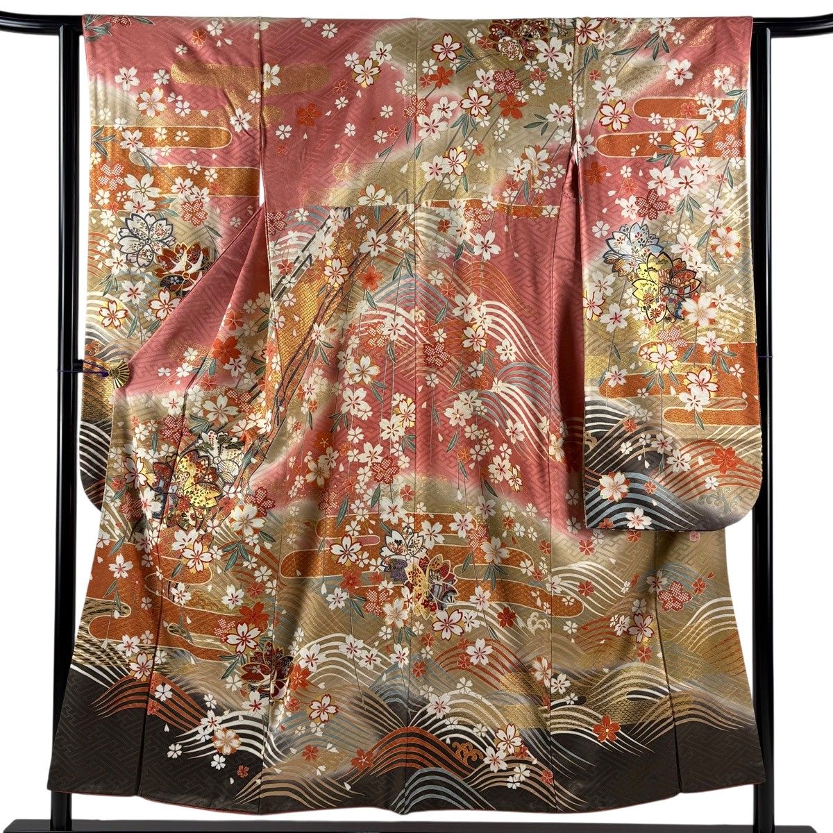 振袖 身丈152cm 裄丈62cm S 袷 谷崎潤一郎世界 落款 桜 ヱ霞 金彩 金糸 ピンク 正絹 秀品 【中古】