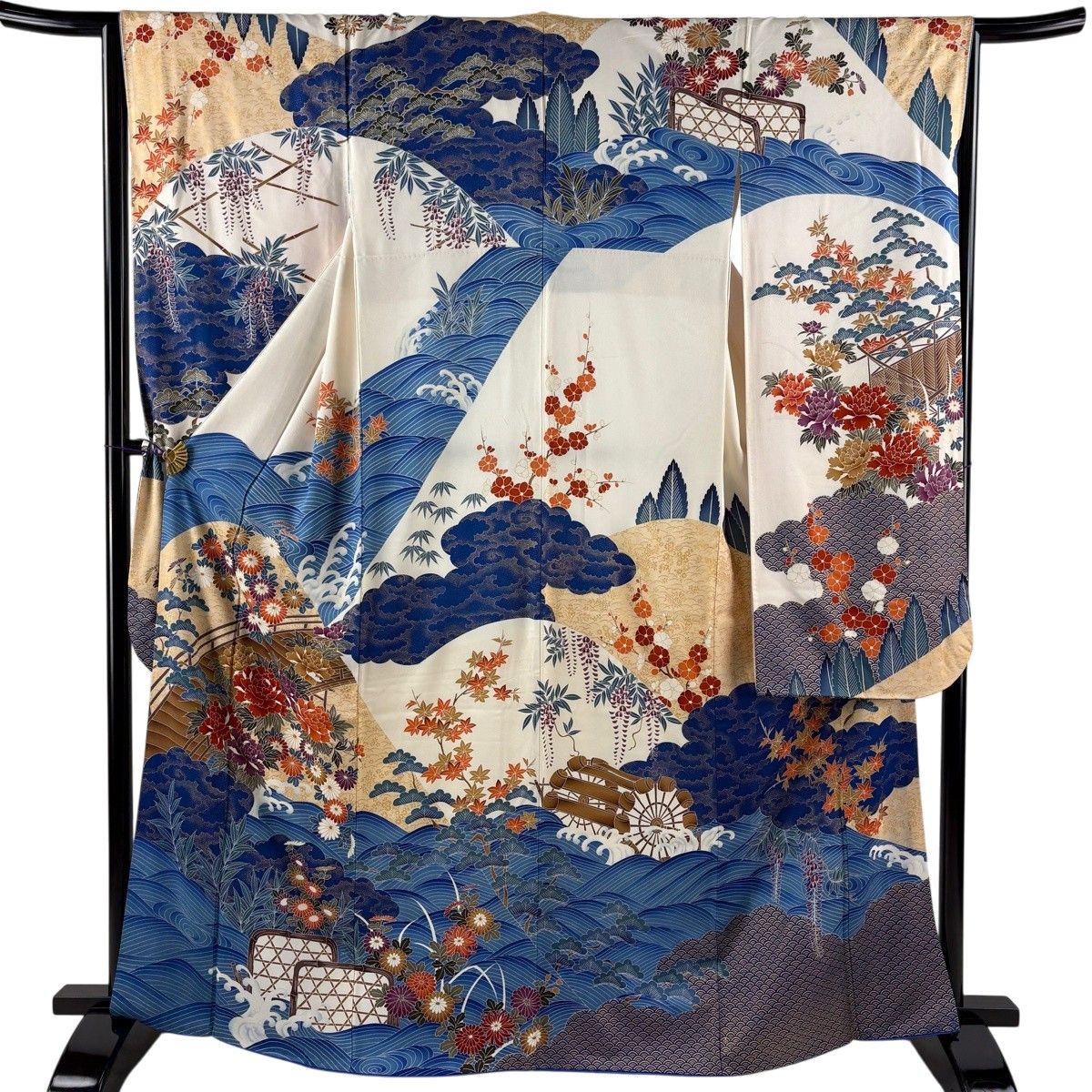 振袖 身丈165cm 裄丈64.5cm M 袷 牡丹 波 金彩 染め分け 青 正絹 秀品