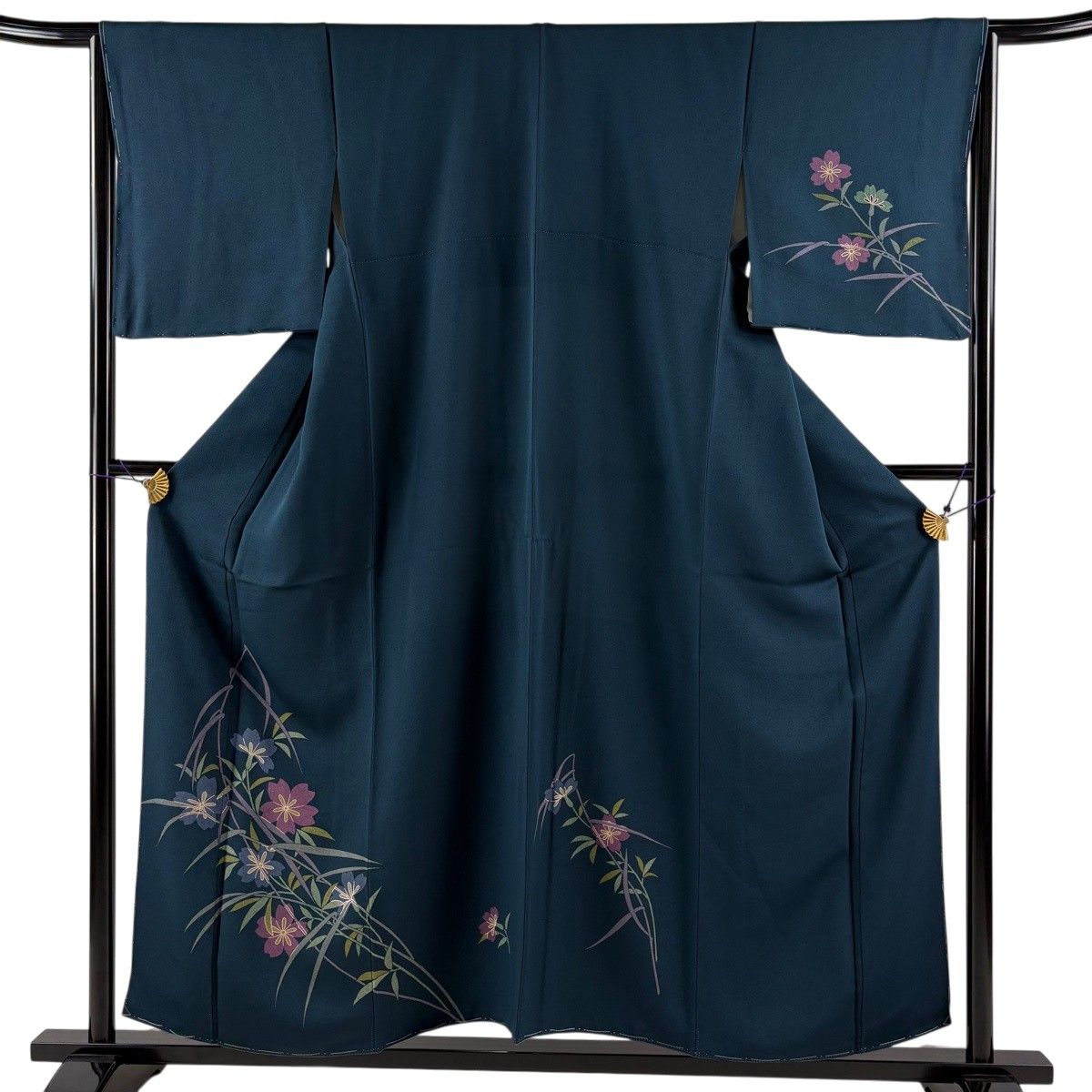 美品】 付下げ 身丈156cm 裄丈65cm M 袷 草花 金彩 青緑 正絹 秀品