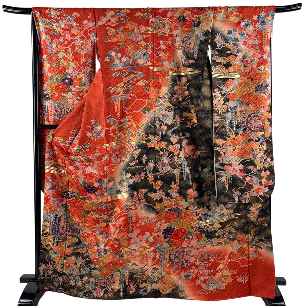 振袖 身丈167.5cm 裄丈67.5cm L 袷 花車 流水 金糸 金彩 オレンジ 正絹 秀品 【中古】
