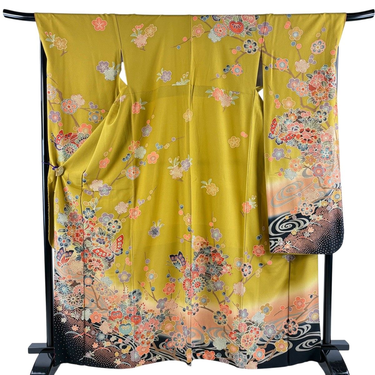 【美品】 振袖 身丈165.5cm 裄丈70cm L 袷 草花 蝶 染め分け ぼかし 黄土色 正絹 秀品 【中古】