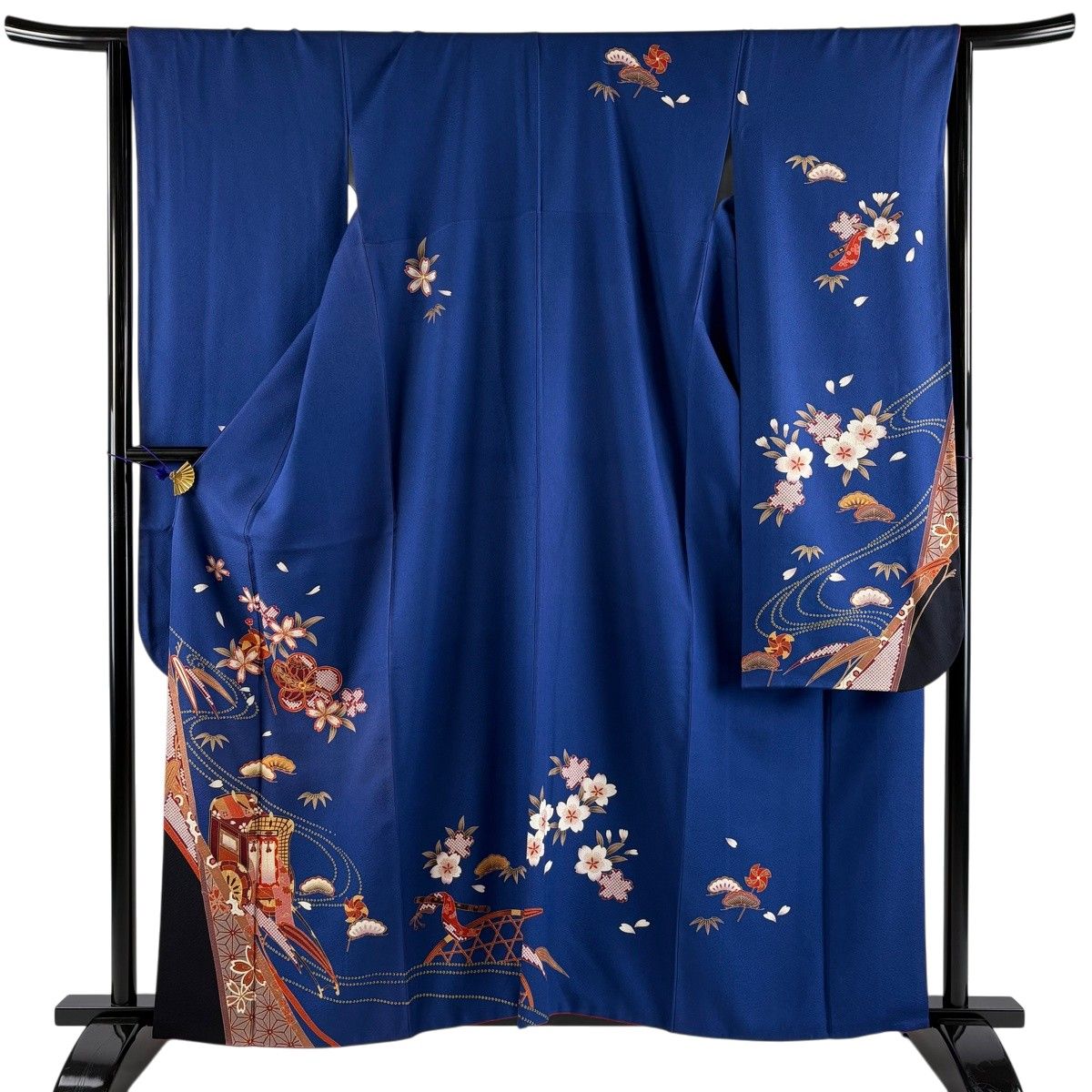 振袖 身丈160cm 裄丈65.5cm M 袷 松竹梅 御所車 金糸 箔 青 正絹 秀品 【中古】