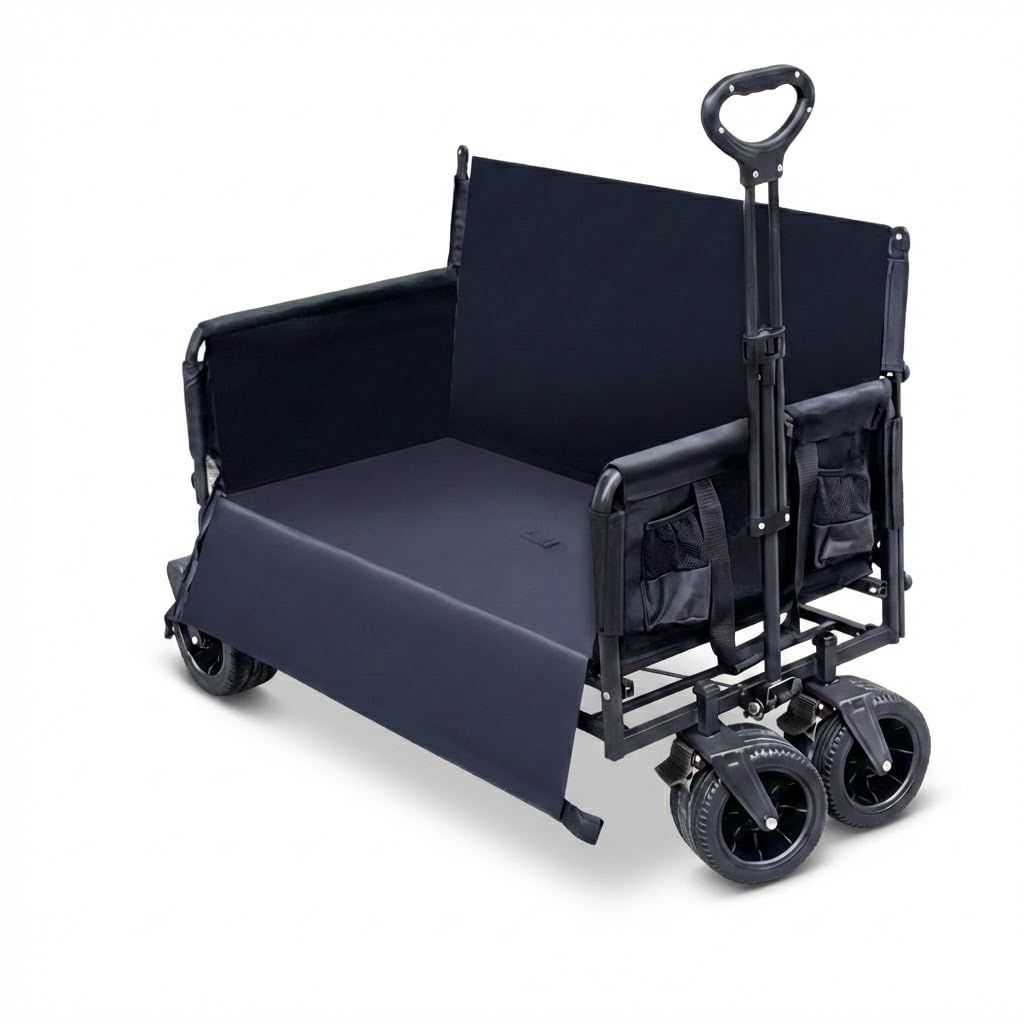 新商品 1台2役 ベンチになる 折りたたみ式 大容量180L アウトドアワゴン 耐荷重150kg 大径16.5cmタイヤ キャリーワゴン ブレーキ付き 頑丈スチールフレーム ピクニック PAKESI ・荷物運び キャンプ・釣り・運動会