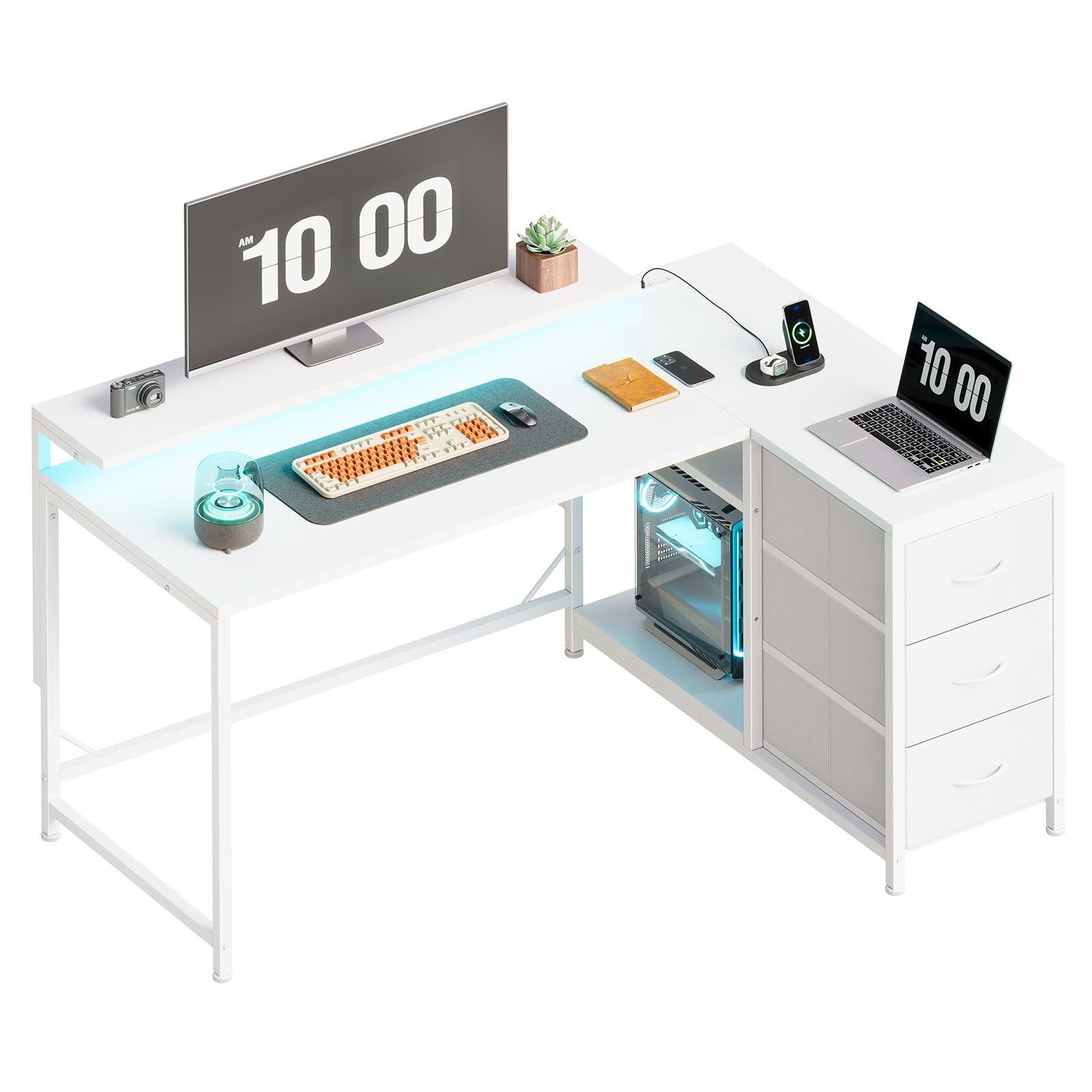 人気商品　l字デスク 幅100.5cm パソコンデスク 机 pcデスク モニタ台の高さ調節可能 コーナーデスク 本棚付き YeTom 引き出しとコンセント付き 左右入れ替え対応 オフィスデスク 勉強机 学習机 ホームオフィス用 白い