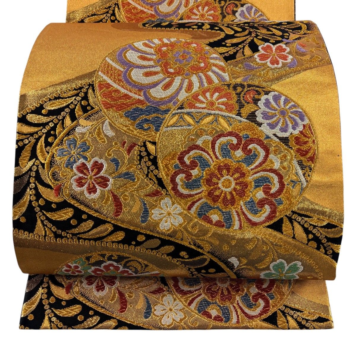 美品】 袋帯 秀品 振袖向き 鞠 桜 金糸 箔 金色 六通 正絹 【中古 