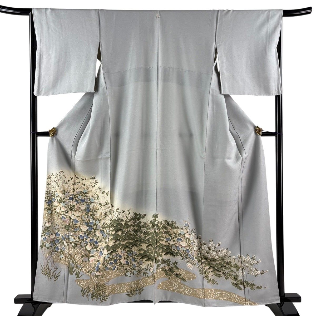 【美品】 色留袖 身丈159cm 裄丈65.5cm M 袷 橘花 桜 金糸 金彩 青灰色 正絹 秀品 一つ紋 【中古】