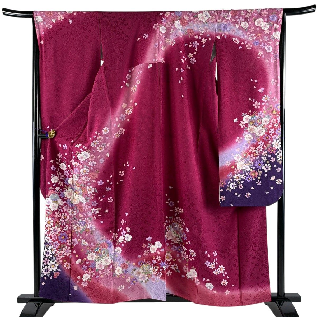 振袖 身丈159cm 裄丈67cm M 袷 くす玉 桜 金糸 金彩 赤紫 正絹 秀品