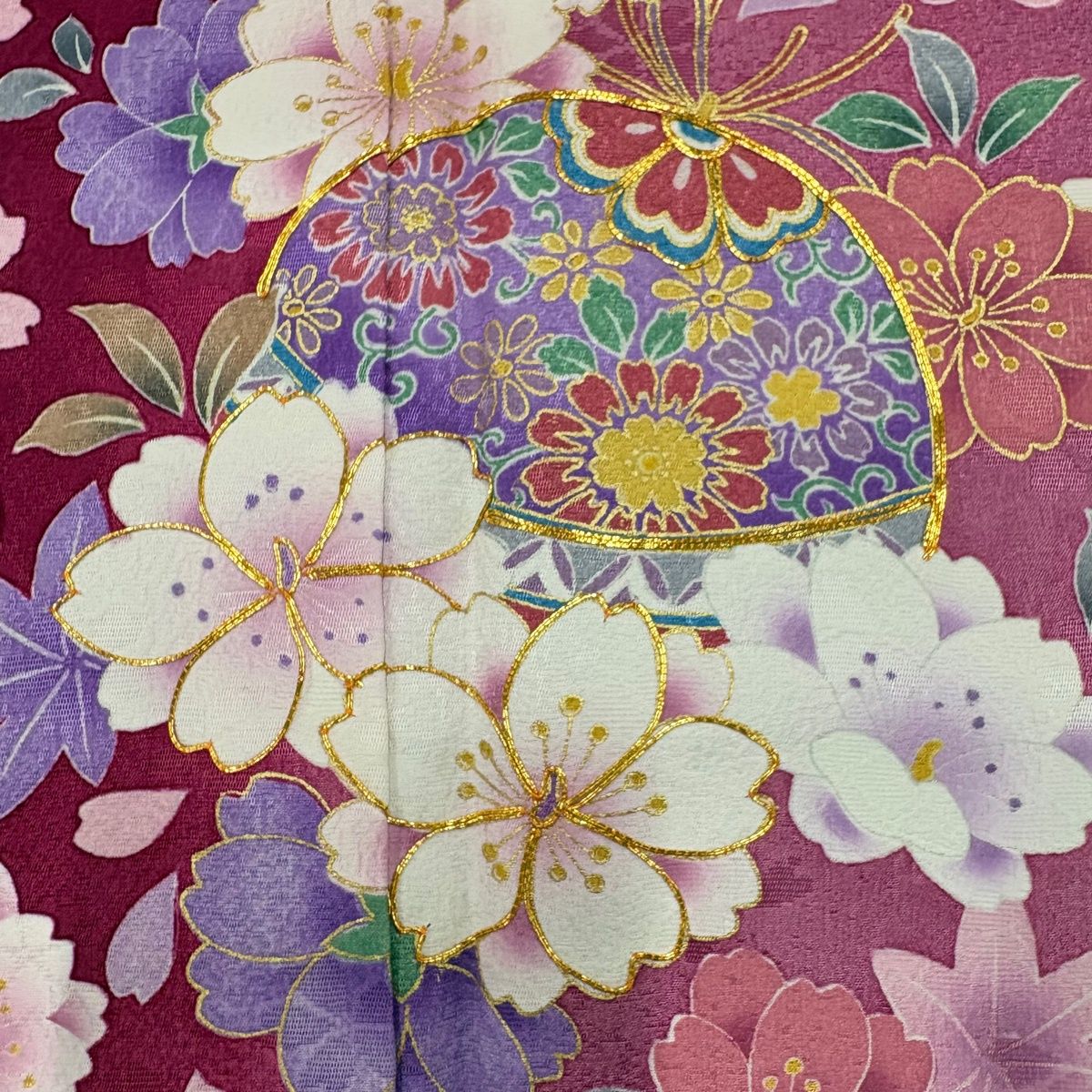 振袖 身丈159cm 裄丈67cm M 袷 くす玉 桜 金糸 金彩 赤紫 正絹 秀品
