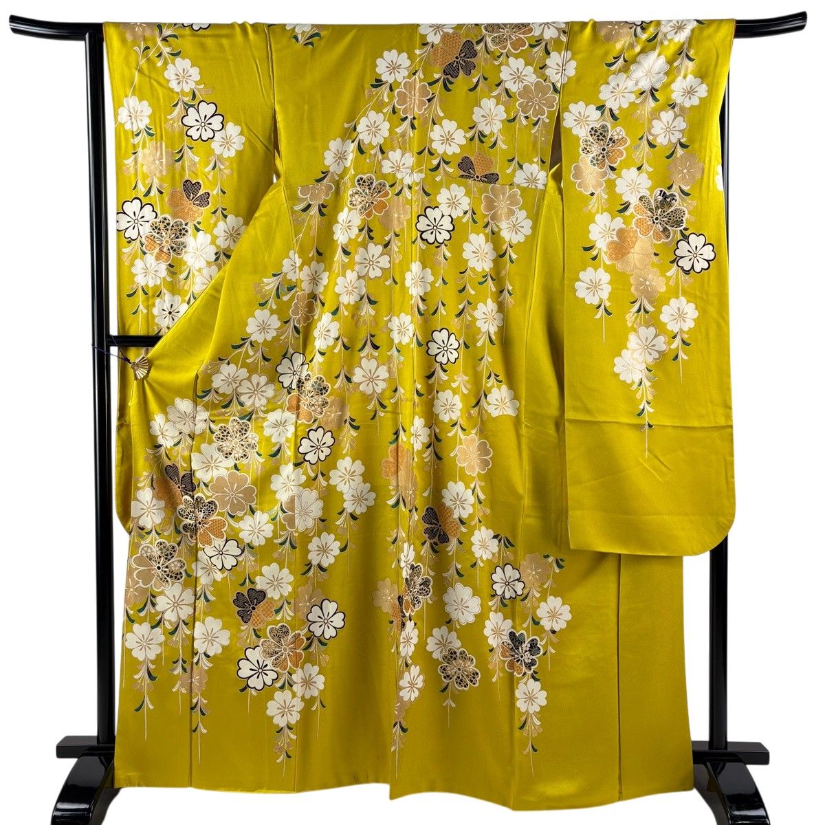 振袖 身丈168cm 裄丈65.5cm M 袷 枝垂れ桜 菊 金糸 金彩 からし色 正絹 秀品 【中古】