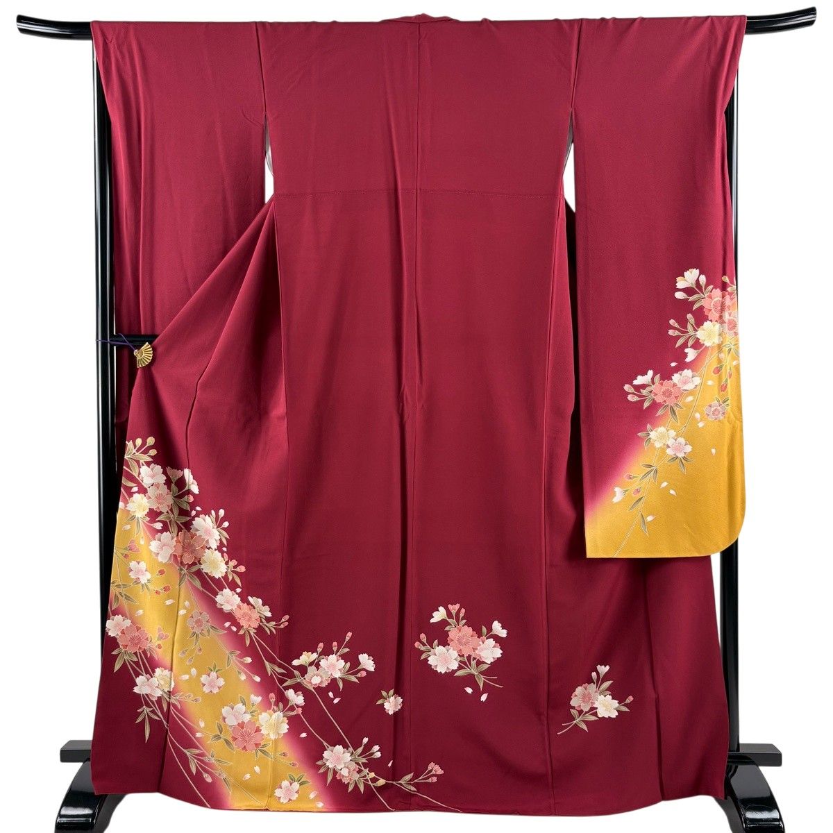 振袖 身丈168cm 裄丈68cm L 袷 桜 花びら 金糸 金彩 えんじ色 正絹 秀