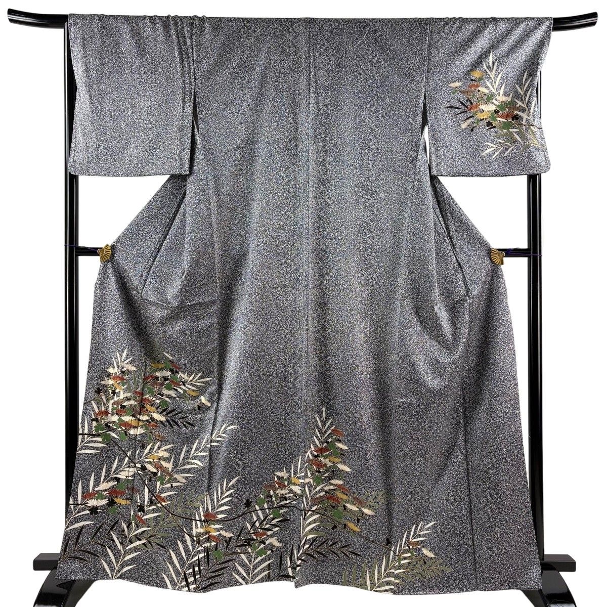訪問着 身丈163.5cm 裄丈69.5cm L 袷 菊 葉柄 金彩 黒灰 正絹 秀品 【中古】