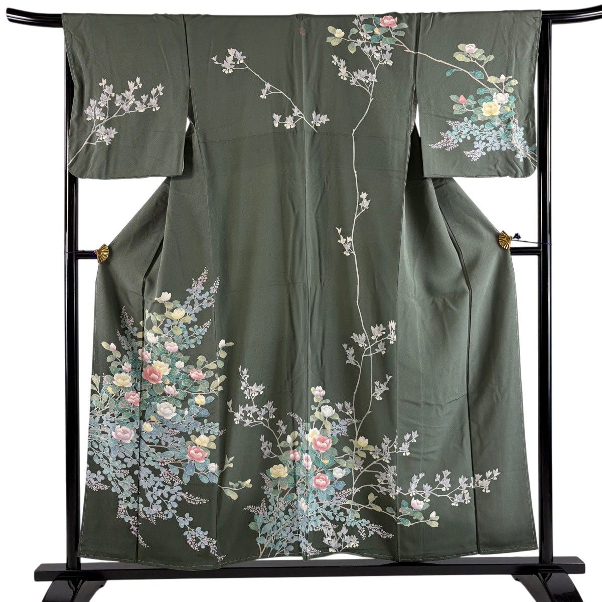 訪問着 身丈153cm 裄丈65.5cm M 袷 枝花 萩 灰緑 正絹 秀品 一つ紋 【中古】