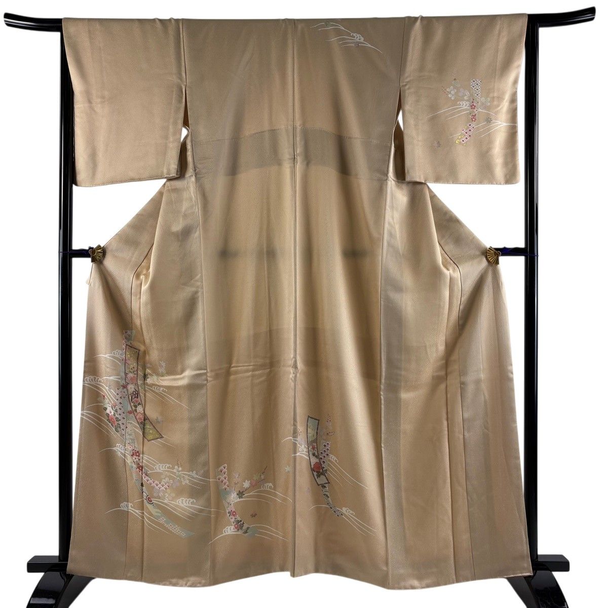 訪問着 身丈160cm 裄丈66cm M 袷 短冊 波頭 金銀彩 薄茶色 正絹 秀品 【中古】