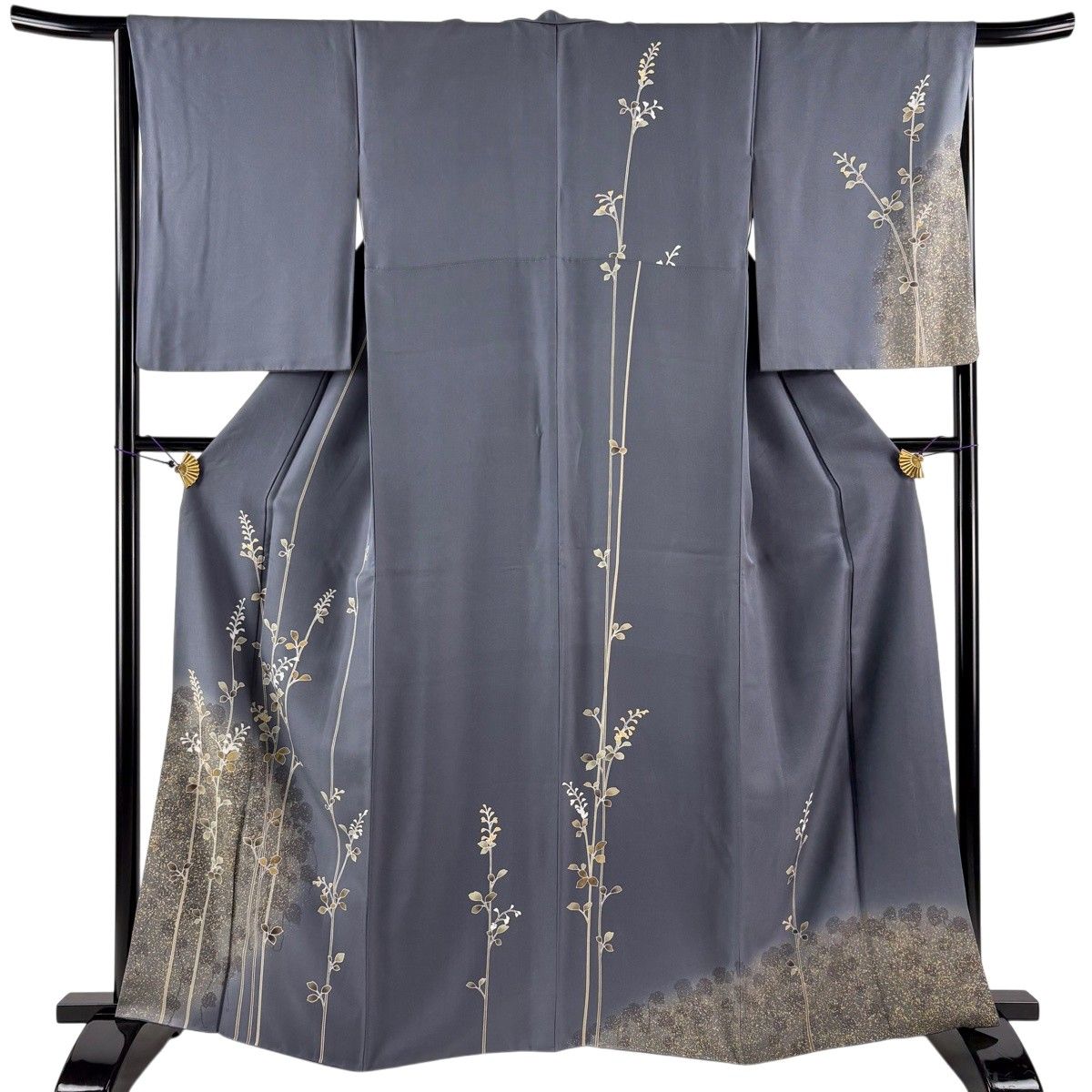 訪問着 身丈162.5cm 裄丈66cm M 袷 草花 シルエット 金彩 ぼかし 青灰色 正絹 秀品 【中古】