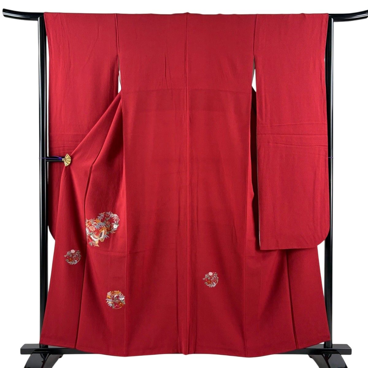 【美品】 振袖 身丈157.5cm 裄丈64.5cm M 袷 鈴乃屋 花丸文 蝶 刺繍 金銀糸 赤 正絹 秀品 【中古】