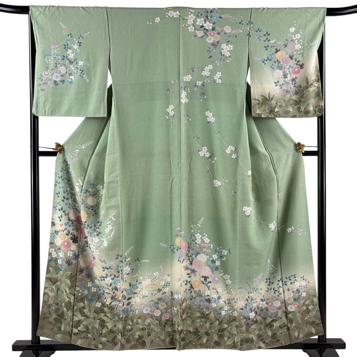 訪問着 身丈156.5cm 裄丈66.5cm M 袷 鴛鴦 菊 金彩 ぼかし 薄緑 正絹 秀品 【中古】
